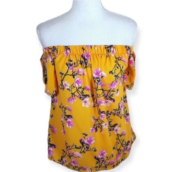 ONE CLOTHING YELLOW & PINK FLORAL OFF-THE-SHOULDER TOP SZ.M EUC - Picture 1 of 6